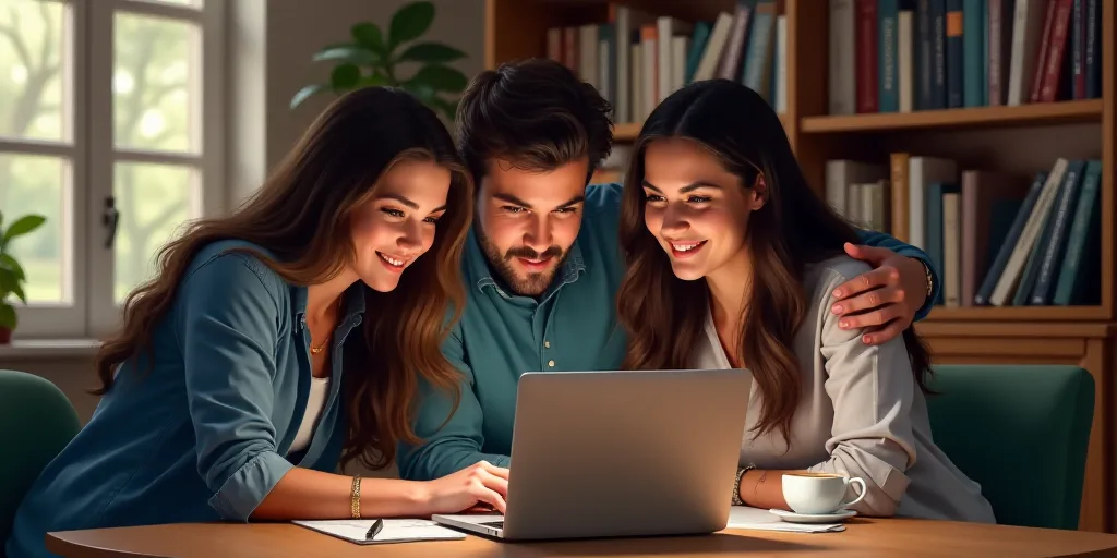 three people looking at a laptop screen together at a table in a room with a bookcase and a coffee c