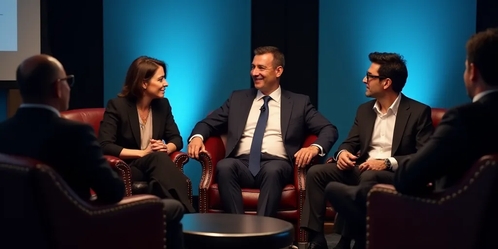 three people sitting in chairs talking to each other at a conference event with a man in a suit and