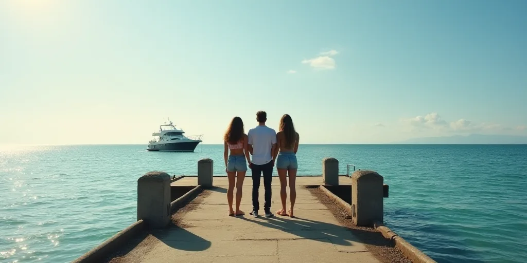 three people standing on a dock near the ocean with a boat in the background and a pier in the foreg