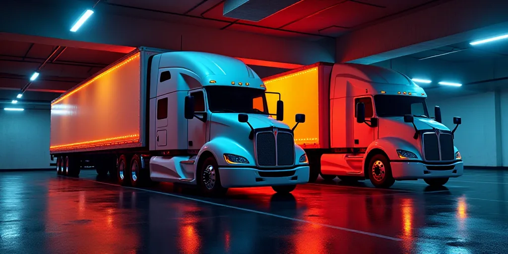 three semi trucks are parked in a parking garage together, with red and yellow lights on the side of