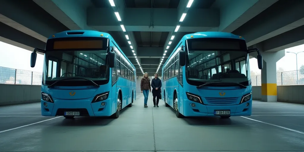 two blue buses parked in a parking garage under a bridge with a man standing next to them and a woma