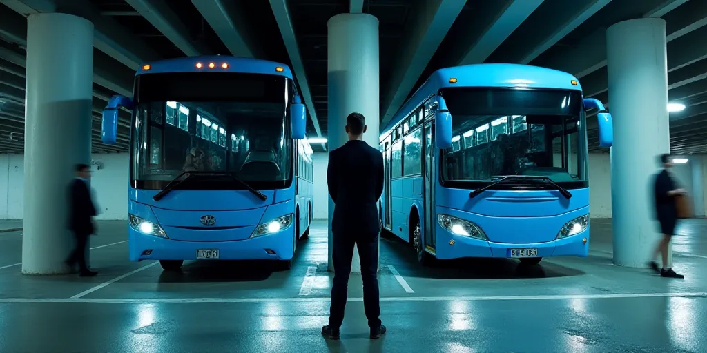 two blue buses parked in a parking garage under a bridge with a man standing next to them and a woma