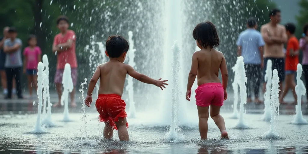 two children playing in a fountain with water spraying from it's sides and people standing around th