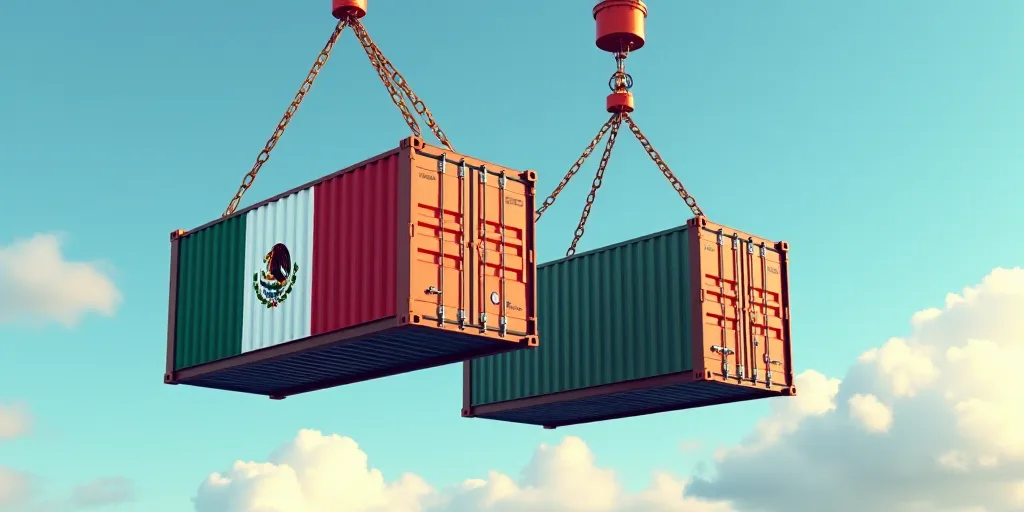 two containers suspended from a crane with a mexican flag on them and a mexican flag on the side of