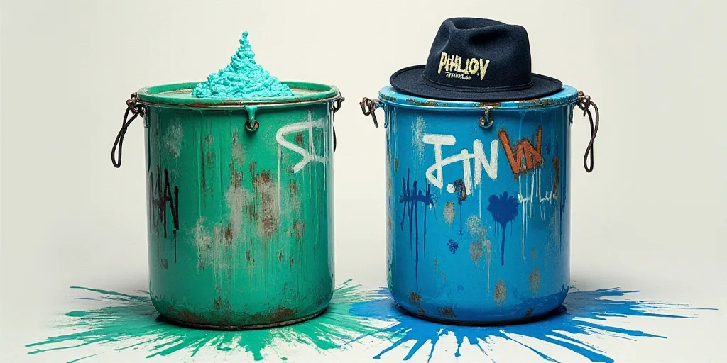 two containers with blue and green frosting on them with graffiti on them and a hat on top of one, D