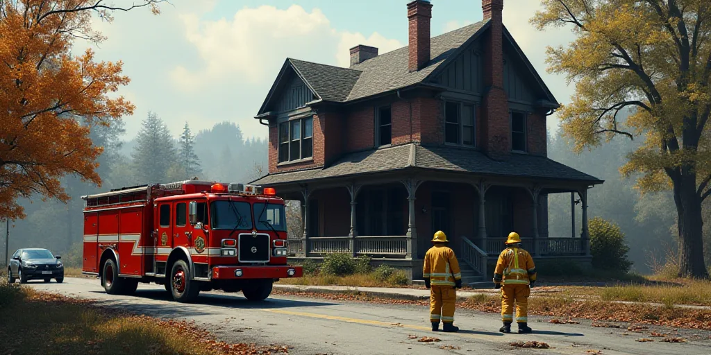 two fire fighters are standing in front of a fire damaged house and a fire truck is parked in front