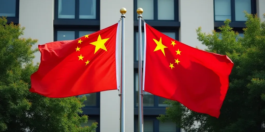 two flags are flying next to each other in front of a building with windows and a tree in front of i