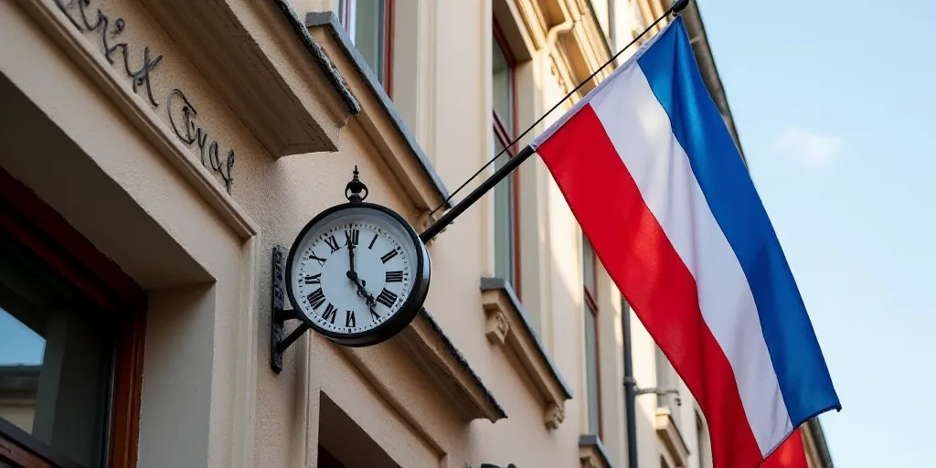 two flags are hanging from a building with a clock on it's side and a flag on the other side, Aquira