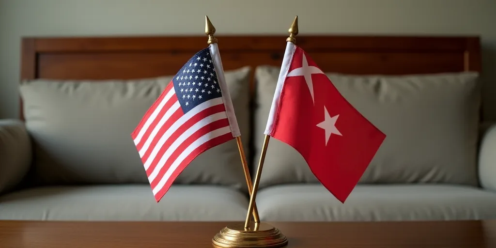 two flags are placed on a table in front of a couch with a wooden headboard and a wooden headboard,