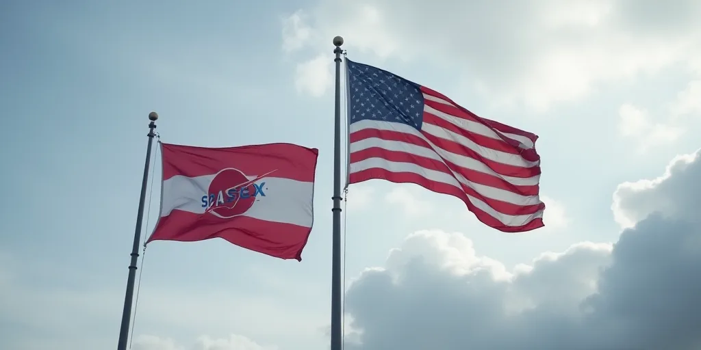 two flags flying next to each other on a cloudy day in the sky with a spacex logo on it, Andries Sto