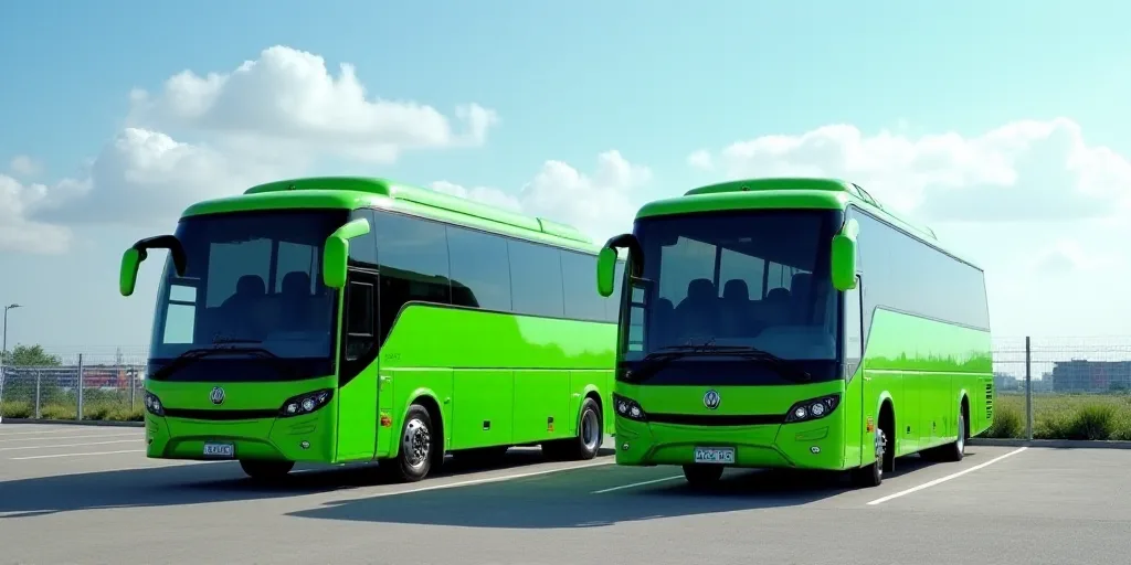 two green buses parked next to each other on a parking lot with a sky background and a few clouds, A