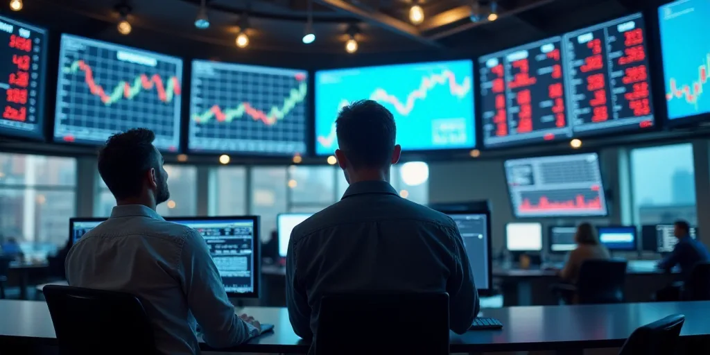 two men are looking at a stock market display on a floor of a building with multiple screens and scr