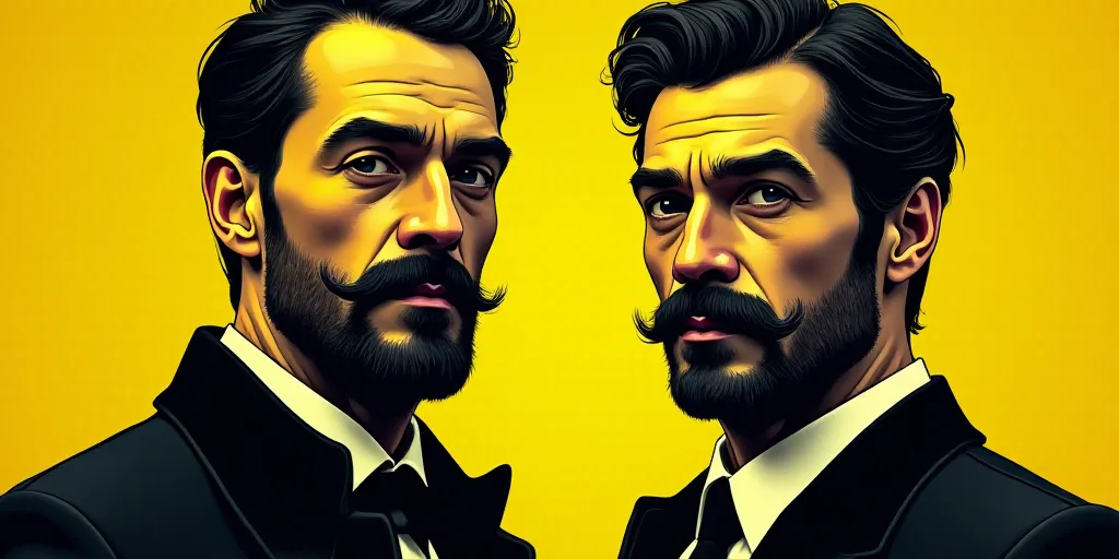 two men are shown in black and yellow colors, one is a man with a beard and the other is a man with