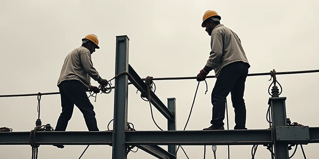 two men are working on a steel structure together with ropes and ropes attached to the structure and