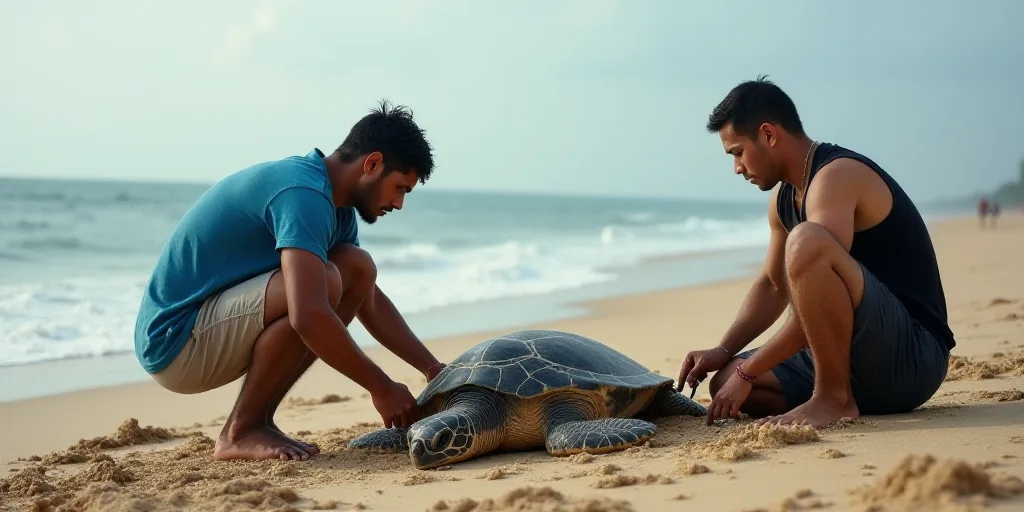 two men are working on a turtle in the sand on the beach, one of them is holding a tool, Basuki Abdu