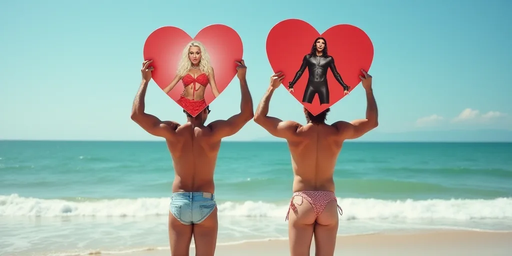 two men holding up heart shaped signs with lady gaga on them at the beach in front of the ocean, Ame
