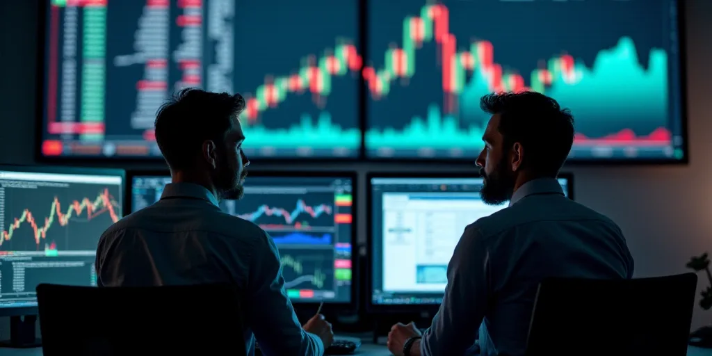 two men in a trading room looking at a computer screen with a stock market on it's wall, Andries Sto