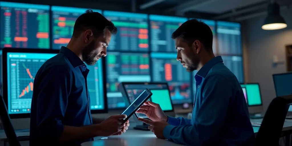 two men in a trading room looking at a tablet computer screen and a tablet pc screen with a stock ma