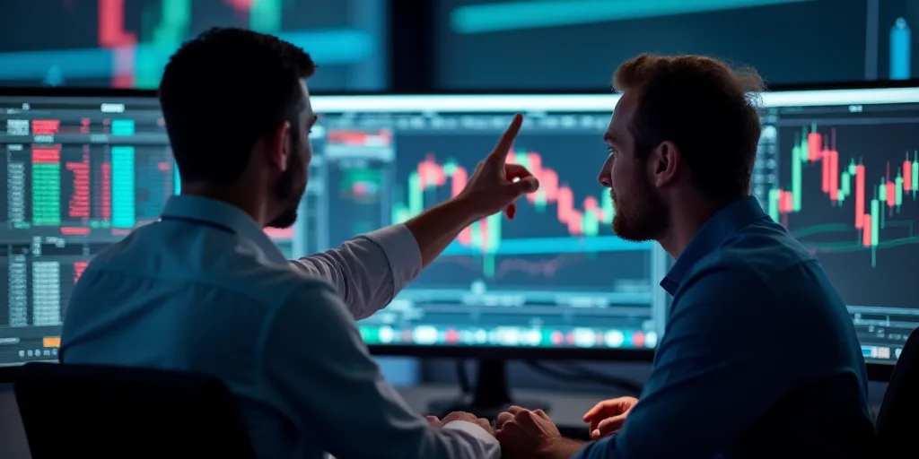 two men in a trading room looking at a computer screen and pointing at something on the monitor scre