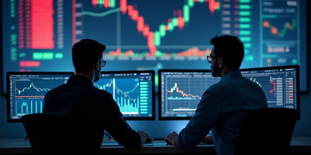 two men in a trading room looking at a computer screen with a stock market on it's wall, Andries Sto