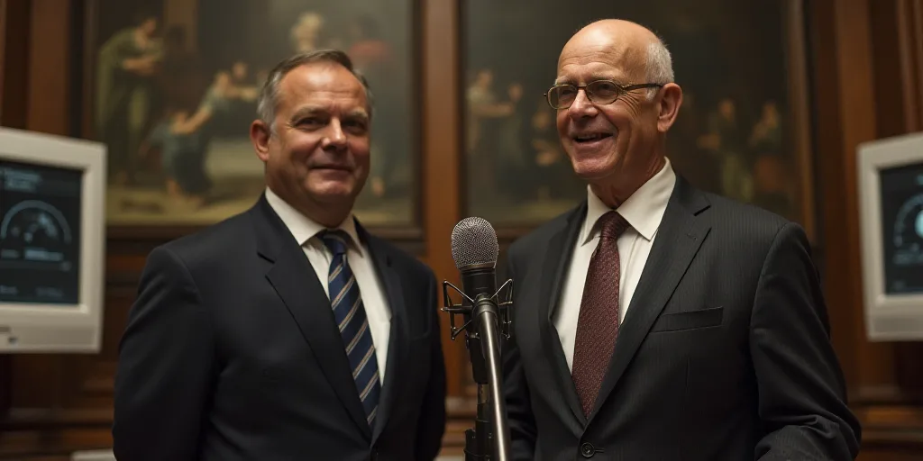 two men in suits and ties are standing in front of a wall of monitors and a microphone in a building