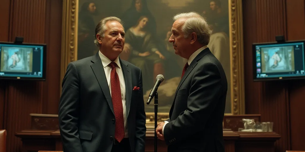 two men in suits and ties are standing in front of a wall of monitors and a microphone in a building