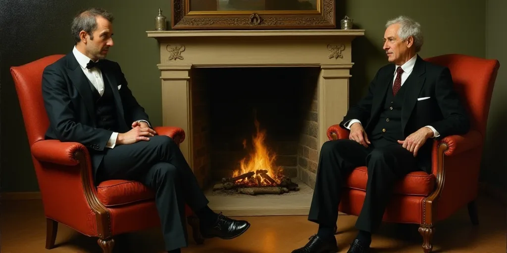 two men in suits and ties sitting in chairs in a room with a fireplace and a fireplace man in the mi