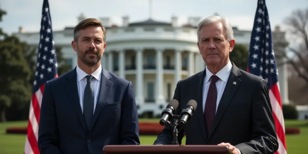 two men in suits and ties standing in front of a podium with a flag in the background and a white ho