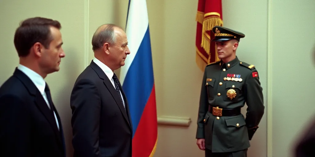 two men in suits and ties standing next to a flag and a soldier in uniform and a flag on a wall, Bor