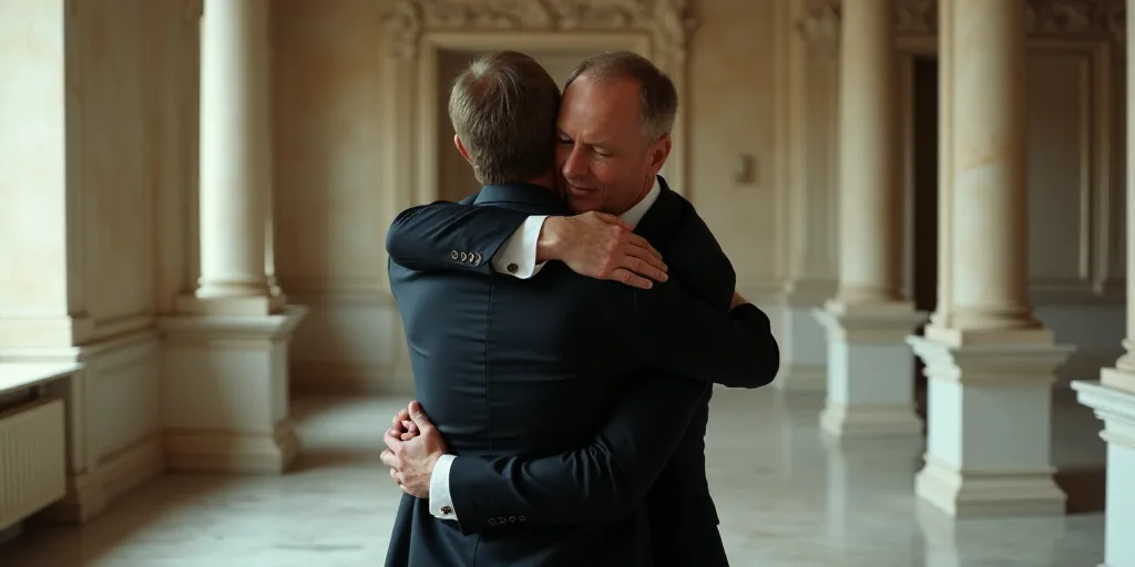 two men in suits are hugging each other in a room with marble walls and columns and a marble floor,