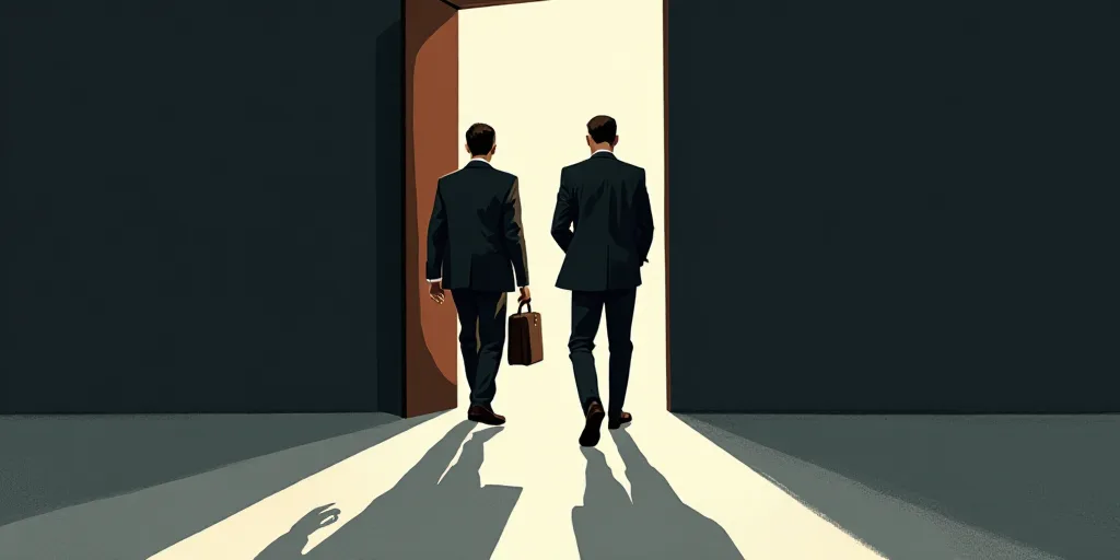 two men in suits are walking through a doorway with a light coming through them and one man is holdi