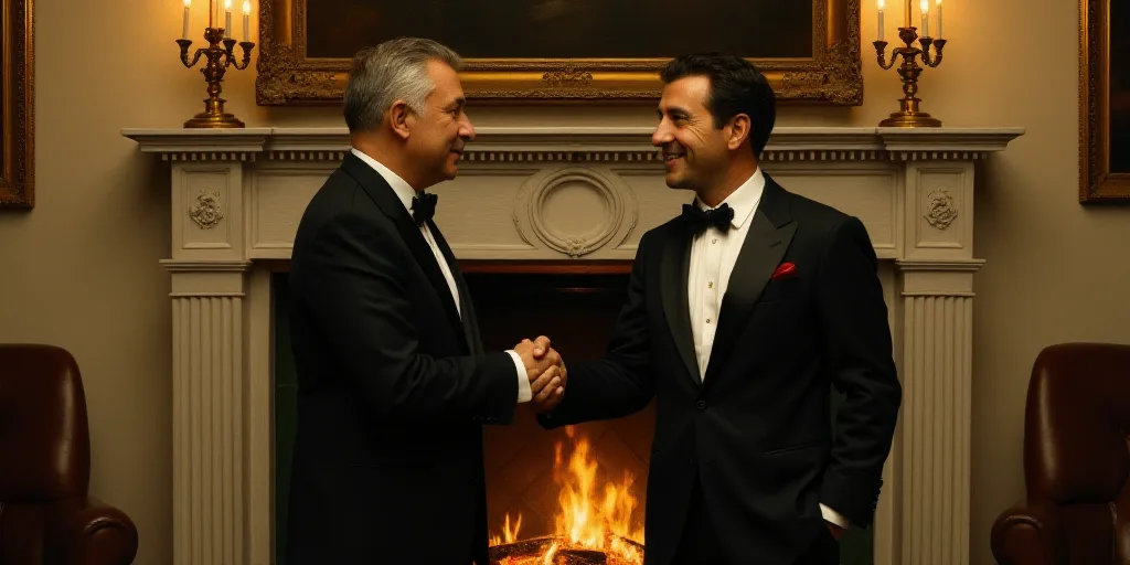 two men in suits shaking hands in front of a fireplace with a gold fire place behind them and a fire