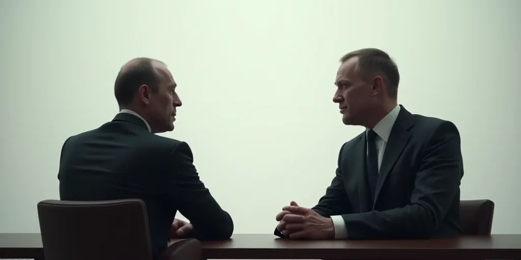 two men in suits sitting at a table with a white wall behind them and one of them is looking at anot
