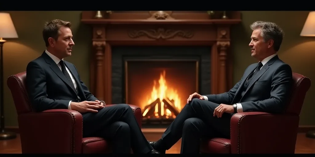 two men in suits sitting in chairs talking to each other in a room with a fireplace and a fire place