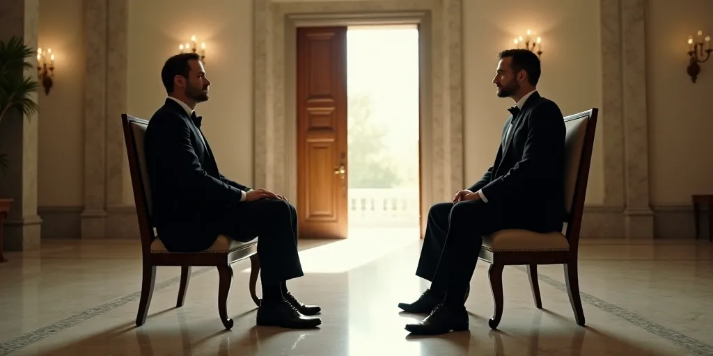 two men in suits sitting on chairs in a room with a marble floor and a large doorway in the backgrou