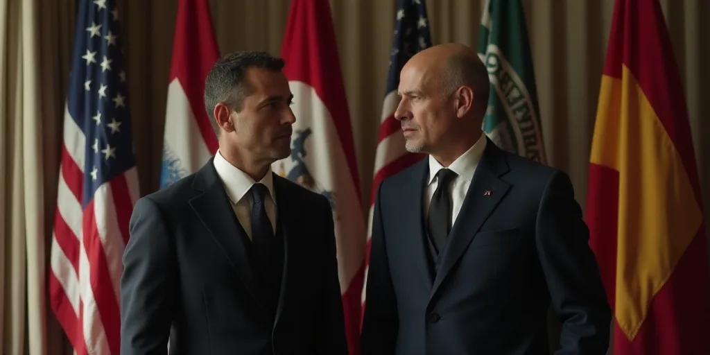 two men in suits standing in front of flags in a room with curtains and curtains behind them, one of