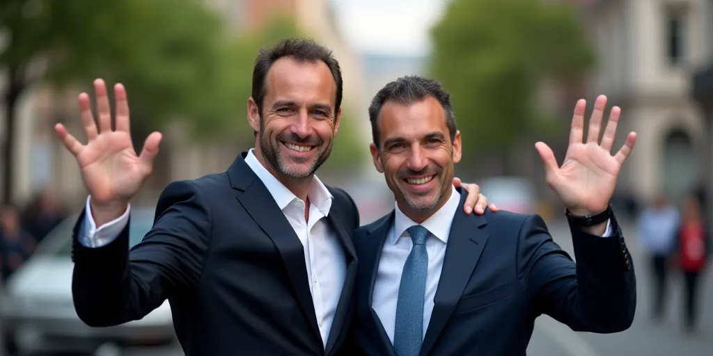 two men in suits waving and smiling at the camera with their hands up in the air, with one man in th