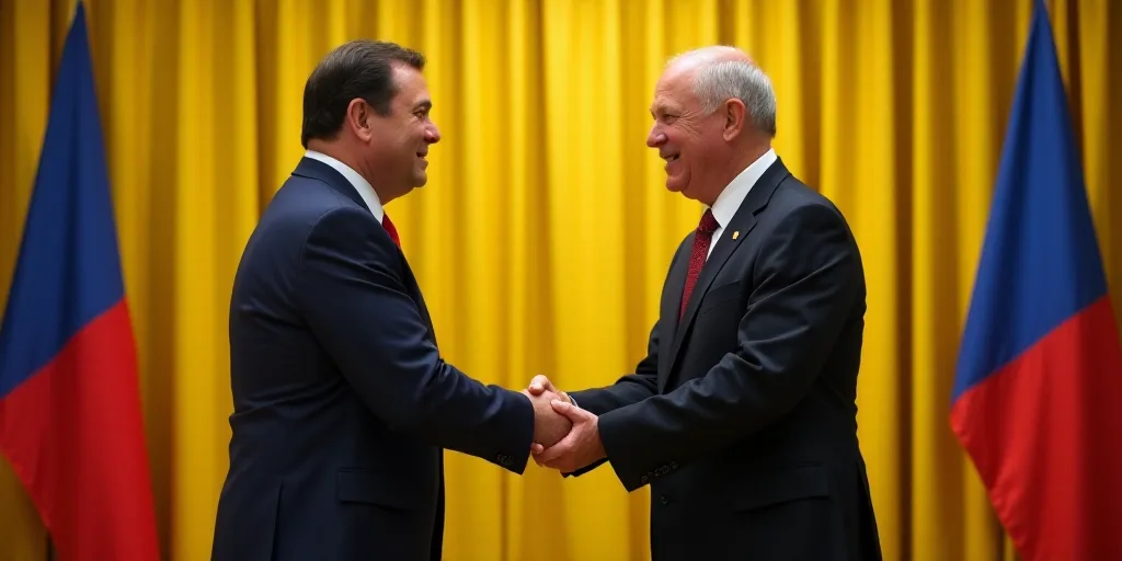 two men shaking hands in front of a flag and a curtain with a yellow drapes behind them and a yellow
