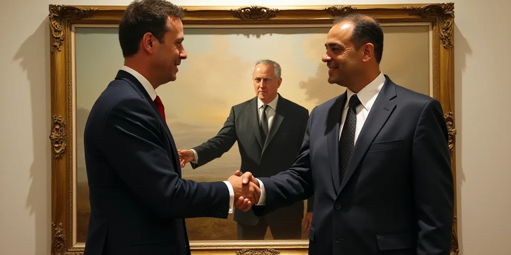 two men shaking hands in front of a painting of a man in a suit and tie and another man in a suit an