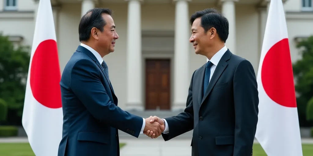two men shaking hands in front of two flags and a building with columns in the background and a man