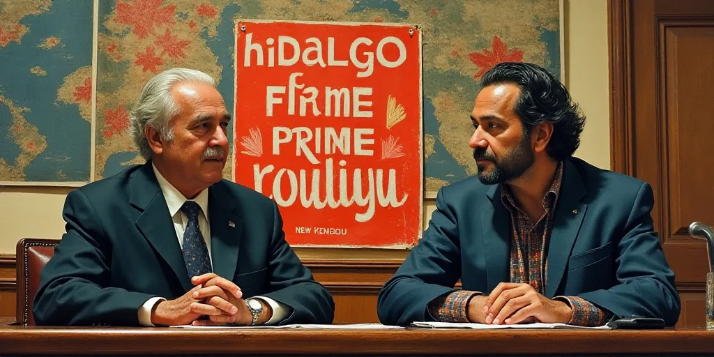 two men sitting at a table in front of a sign that reads hidalgo prime rouhubu, David Alfaro Siqueir