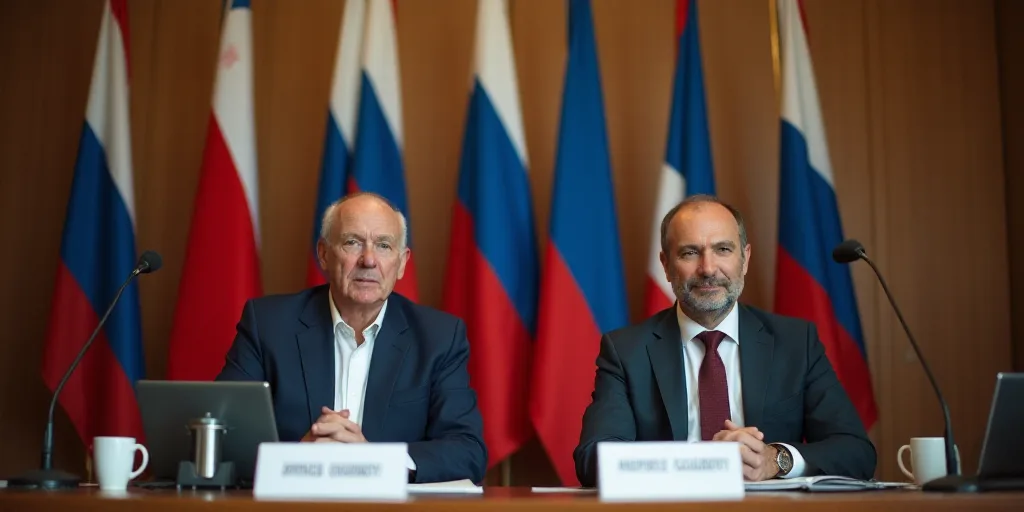 two men sitting at a table with flags behind them in a conference room with a microphone and a lapto