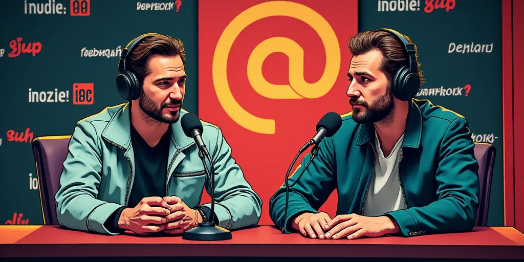 two men sitting at a table with microphones in front of them and a backdrop behind them with a logo,