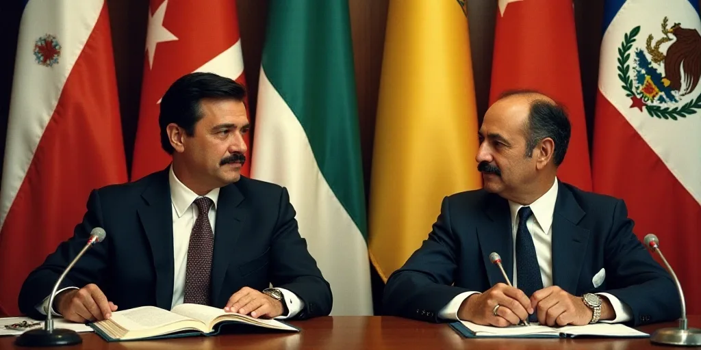 two men sitting at a table with flags behind them and a microphone in front of them with a microphon