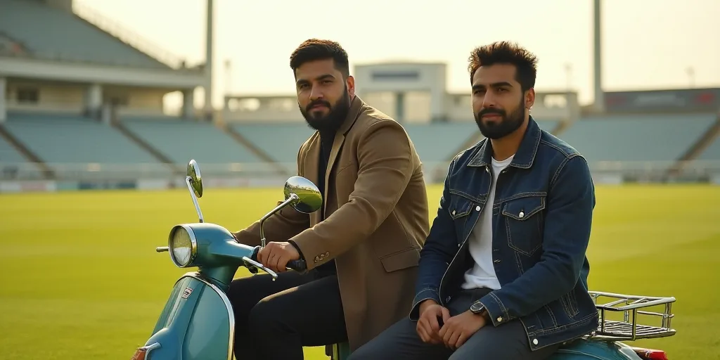 two men sitting on a scooter in a stadium with a field in the background and a stadium in the backgr