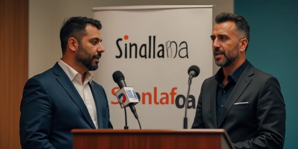 two men standing at a podium with microphones in front of them and a sign behind them that says sina