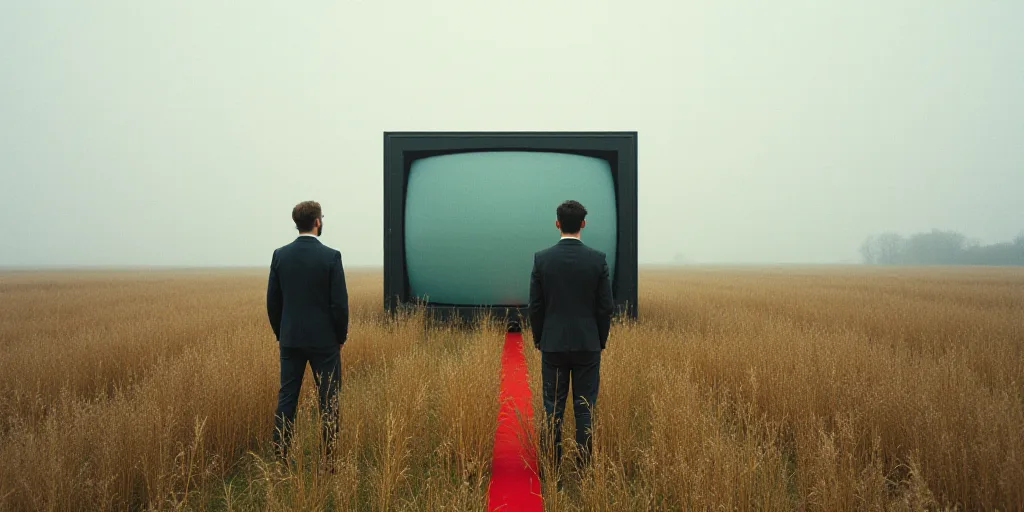 two men standing in a field with a tv screen in the background and a red line across the field, Edua