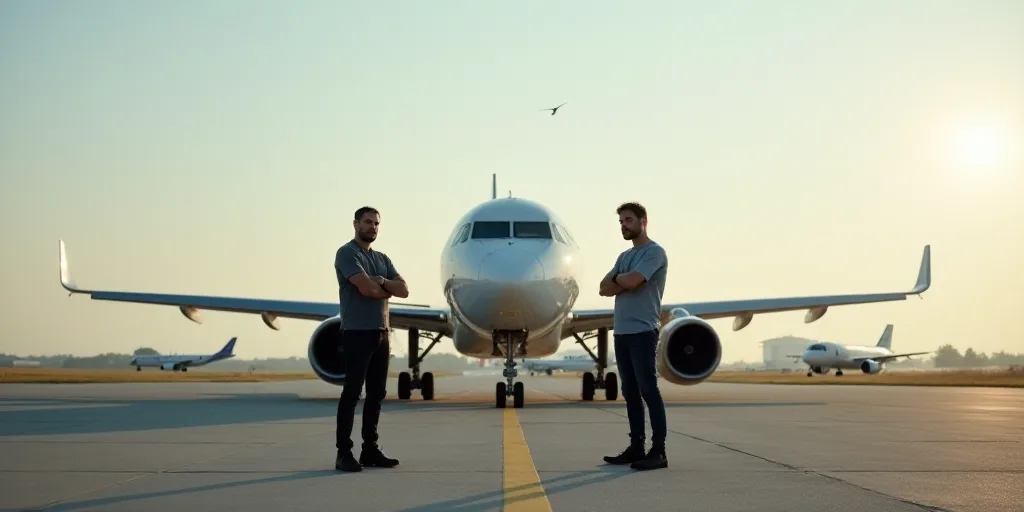 two men standing in front of a plane on a runway with other planes in the background and a sky backg