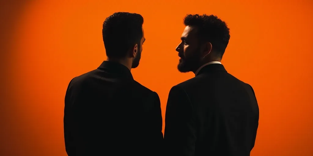 two men standing next to each other in front of an orange background with a black and white photo of
