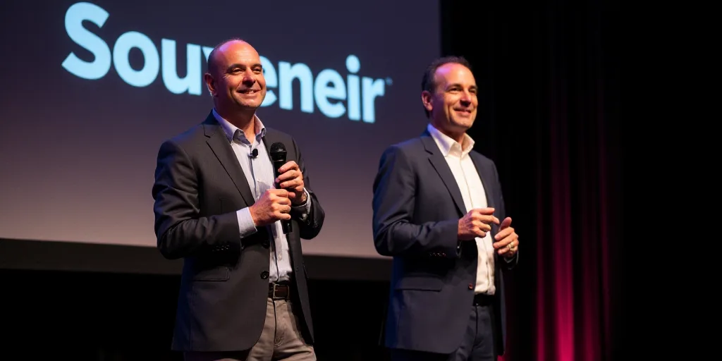 two men standing on a stage with a microphone in their hands and a sign behind them that says souven